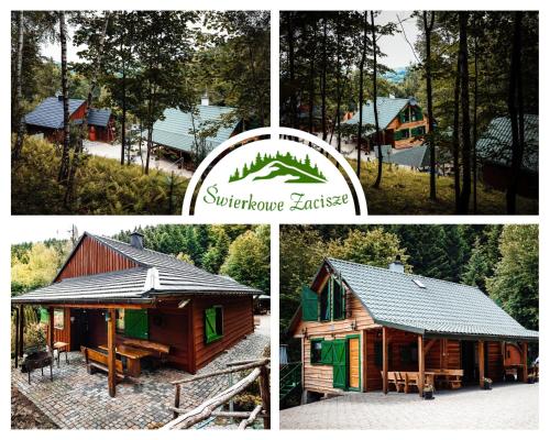 a collage of four pictures of a cabin at Świerkowe Zacisze Domki in Budzów