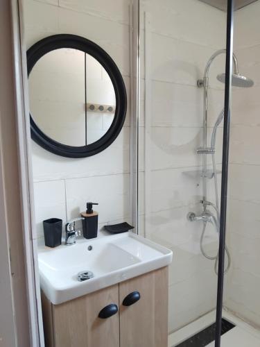 a bathroom with a sink and a shower with a mirror at Les Lauriers in Combas
