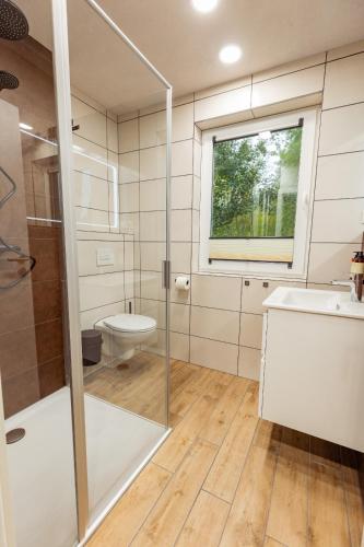 a bathroom with a shower and a toilet and a sink at Red Kite Resort in Ribnitz-Damgarten