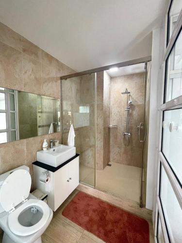 a bathroom with a shower and a toilet and a sink at Appartement chaleureux avec jardin et piscine in Albion