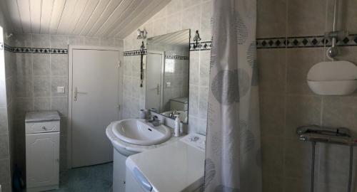 a bathroom with a sink and a toilet and a mirror at Chez Christine et Jean-Louis in Fouras