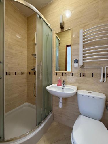 a bathroom with a toilet and a sink and a shower at Pokoje W Górach Savanna in Biały Dunajec