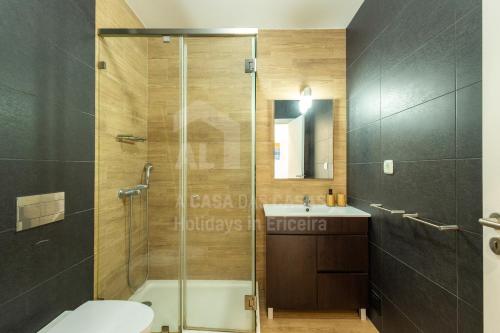 a bathroom with a shower and a toilet and a sink at Valentin House by ACasaDasCasas in Santo Isidoro