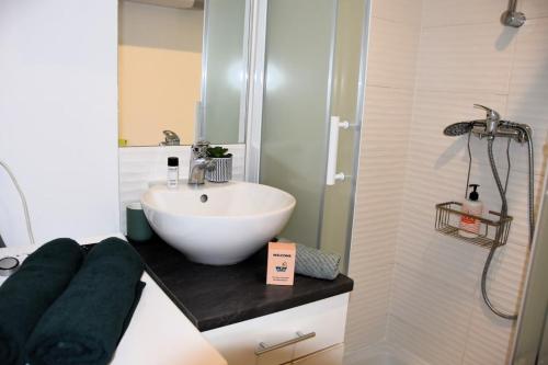 a bathroom with a white sink and a shower at Studio Castéra 1 Air-conditioned in Bègles