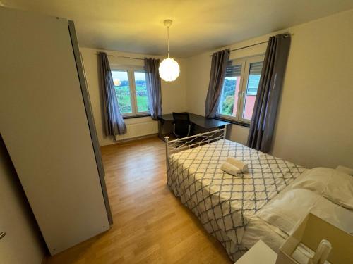 a small bedroom with a bed and two windows at Green escape - Sunset & nature in Boevange-sur-Attert