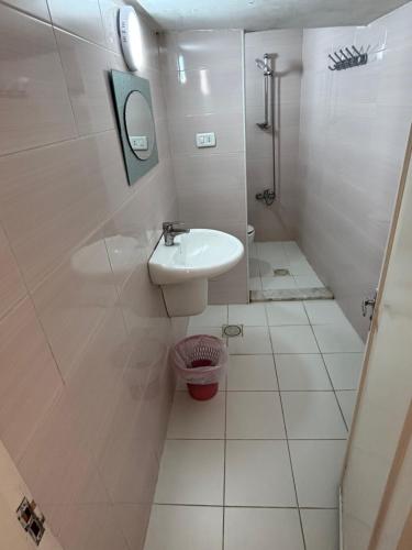 a small bathroom with a sink and a shower at New Hamoudeh Hotel in Amman