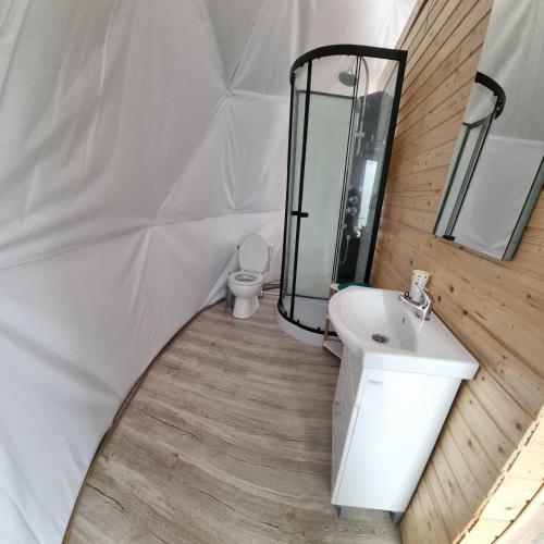 a bathroom with a sink and a toilet in a tent at GlampingDenis Igloo in Mihăeşti
