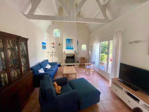 un soggiorno con divani blu e TV di Villa Maryl'Ys a Douarnenez
