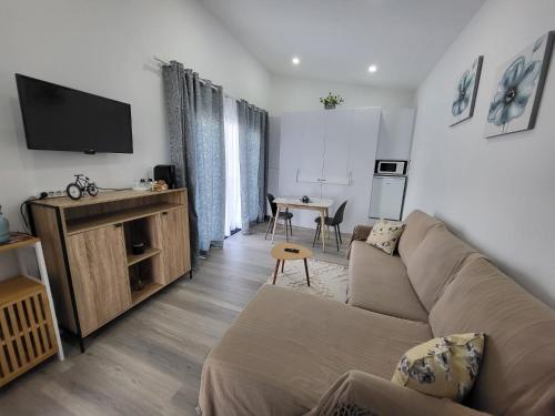 a living room with a couch and a flat screen tv at CiTY CENTER in Monte