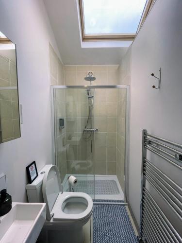 a bathroom with a shower and a toilet and a sink at The Annexe in Newark-on-Trent