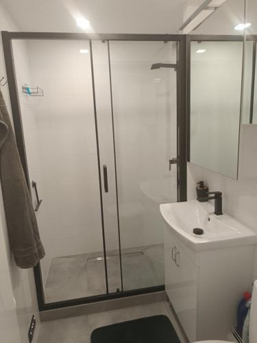 a bathroom with a shower and a toilet and a sink at 2-room apartment, central & quiet in Gdynia
