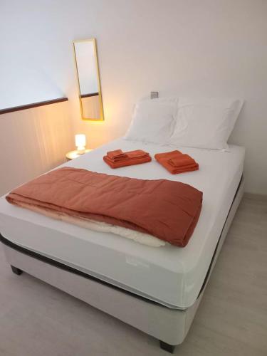 a white bed with two brown towels on it at L'Ecrin - Duplex proche du CHU in Saint-Denis