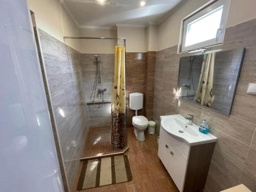 ein Badezimmer mit Dusche, Toilette und Waschbecken in der Unterkunft Boróka Vendégház in Püspökladány