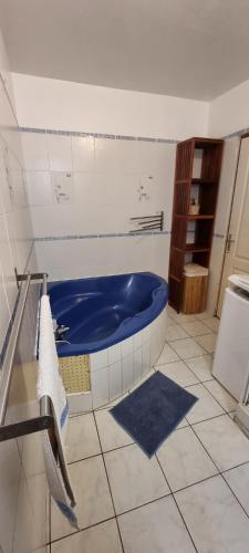a bathroom with a blue tub in a room at La Kaz Bellepierre in Saint-Denis