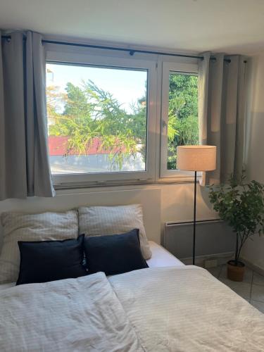 a bedroom with a bed and two windows at SEEnah Ferienwohnung in Überlingen