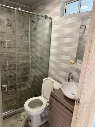 a bathroom with a shower and a toilet and a sink at Hermosa casa en Montebonito, Dosquebradas in Dosquebradas