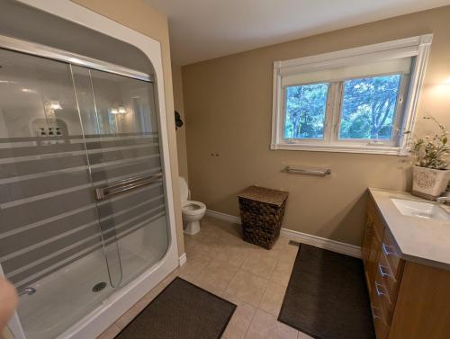 a bathroom with a shower and a toilet and a window at Red Brickhouse Lakefront Cottage in Brechin