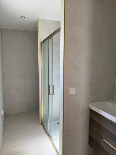 a bathroom with a glass shower and a sink at Villa Nava in Châtellerault