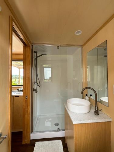 a bathroom with a sink and a shower at Hahei Tiny Home - Outdoor Bath in Hahei
