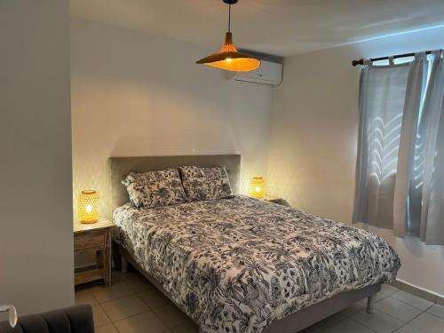 a bedroom with a bed and a table with lamps at Fleur de Paradis in Saint-François