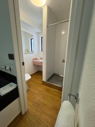 un baño con inodoro y espejo en Chelmswood Motel Taupo, en Taupo