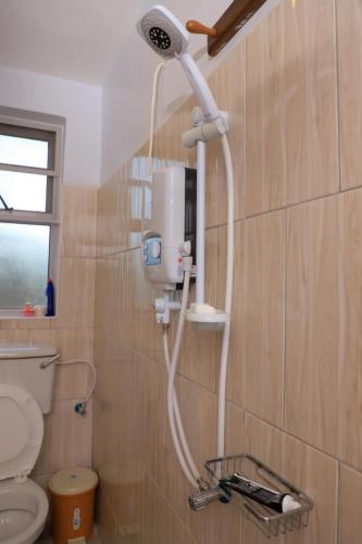 a shower in a bathroom with a toilet at Pineapple Apartments in Jinja