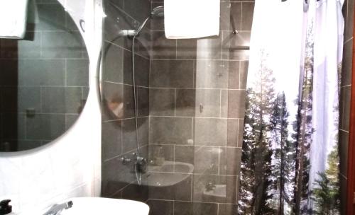 a bathroom with a shower and a sink and a mirror at Estudio Casco Histórico II & Parking in Avilés