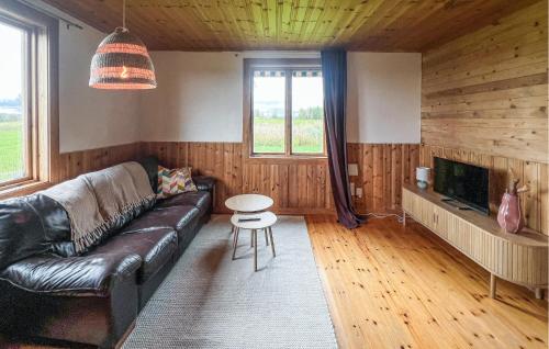 FurudalにあるLovely Home In Furudal With Saunaの革張りのソファとテーブルのあるリビングルーム