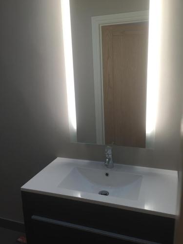 a bathroom with a sink and a mirror at Willow Court Farm The Lodge & Petting Farm, 8 mins from Legoland & Windsor, 15 mins from Lapland UK in Windsor