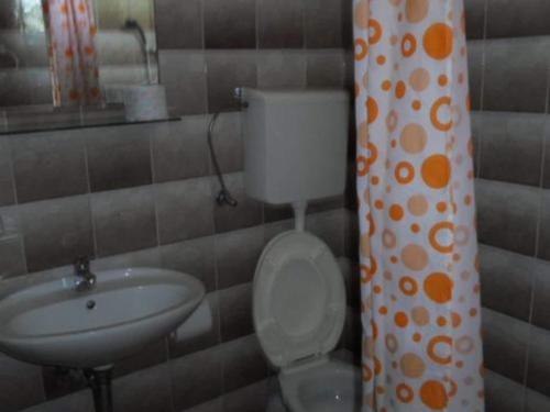 une petite salle de bain avec toilettes et lavabo dans l'établissement Apartments Miki Rogoznica - Comfort Two Bedroom Apartment with Terrace, à Podglavica
