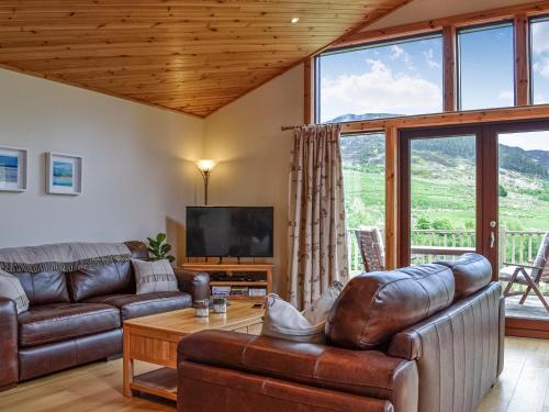 a living room with a couch and a television at Glengoulandie Lodge in White Bridge