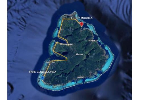 a map of an island with a route at Moorea B&B in Motu Tiahura