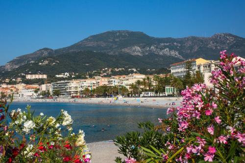 a view of a beach with buildings and pink flowers at Hôtel Richelieu in Menton
