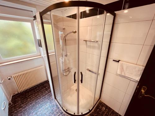 una ducha con puerta de cristal en un baño en La Suite Mulhouse, en Mulhouse