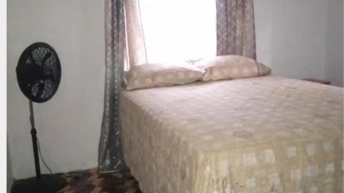 a bedroom with a bed and a window with a fan at Lovely Garden Veiw with Queen Seize Bed in Portland in Port Antonio