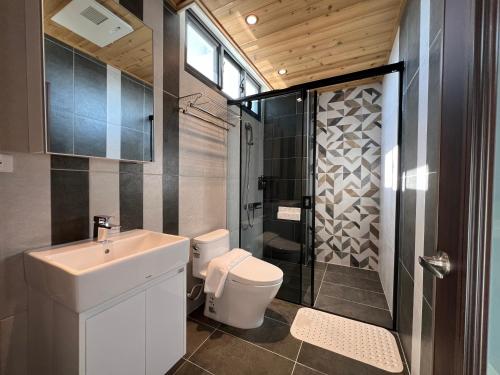 Un baño con lavabo, inodoro y ducha. en Tiansheng Anjia B&B, en Taitung