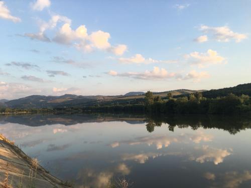 a view of a lake with clouds in the sky at Vila La Izvor in Petreşti