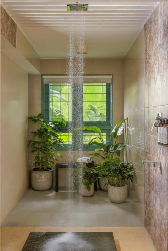 a bathroom with potted plants and a shower at Mammootty House Kochi - a VKation Experience in Cochin