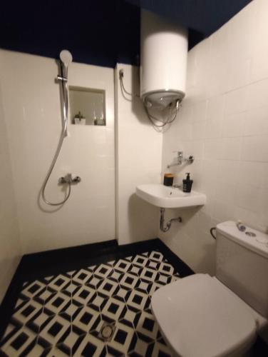 a bathroom with a toilet and a sink at Serenity Lodge, next to NDK in Sofia