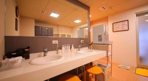 a bathroom with two sinks and a large mirror at Green Hotel Yes Omihachiman in Omihachiman