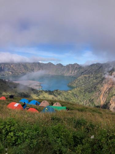 a group of tents on a hill with a lake at Haris Homestay & Cottages in Senaru