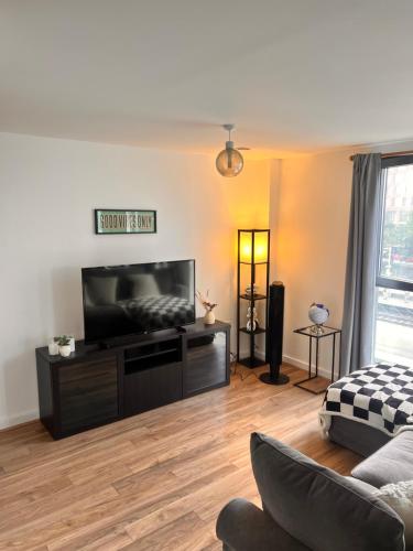a living room with a large flat screen tv at Relaxing city base with great access to transport in London