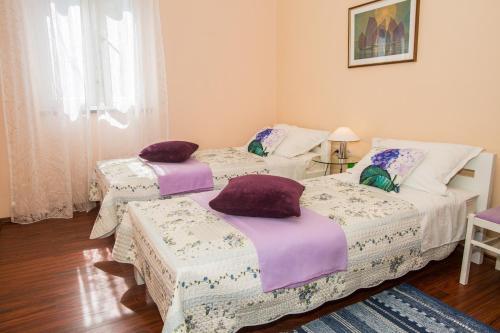 シベニクにあるHoliday Home Arboretumの紫色の枕が備わる客室内のベッド2台