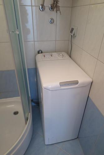 a small bathroom with a toilet and a shower at Apartment Omerovic in Novalja