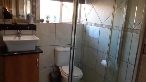 a bathroom with a toilet and a sink and a shower at The Cedars Bed and Breakfast in Centurion