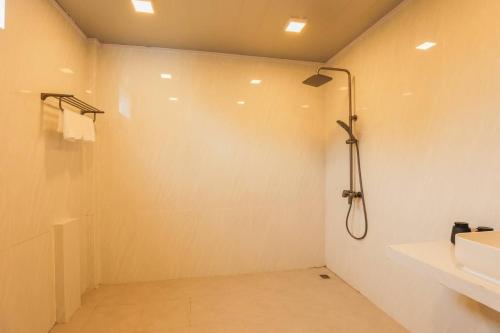 a bathroom with a shower and a sink at Kin'bi Inn Guest House and Shopette in Thoddoo