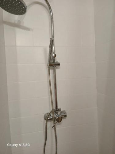 a shower with a shower head in a bathroom at Studio Piscine à Saint-Gilles prés des plages in L'Ermitage-Les-Bains