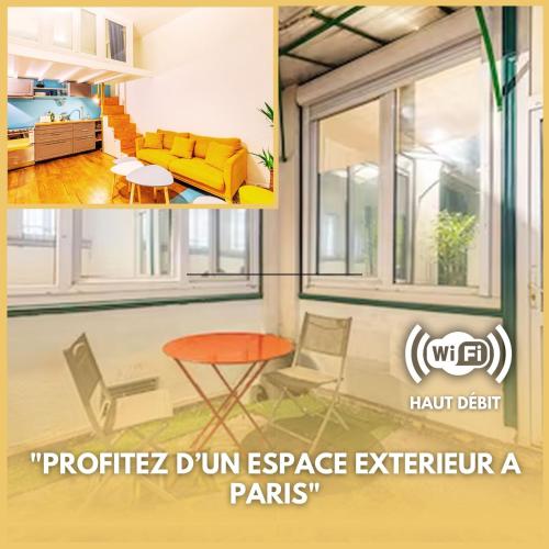 a living room with a yellow couch and a table at Joli - Lovely studio Paris in Paris