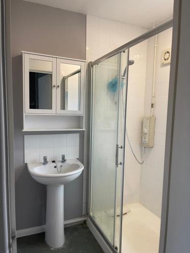 łazienka z umywalką i prysznicem w obiekcie Spacious rooms close to the hospital, UEA and the City w mieście Earlham