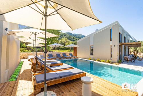 Una piscina con sillas y sombrillas al lado de un edificio. en Golden Sun Suites, en Palaiokatoúna